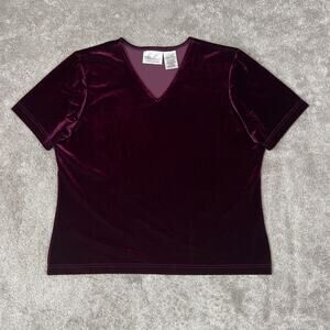 Vintage Velvet Burgundy Blouse Kathie Lee Short Sleeve Shirt Size L
